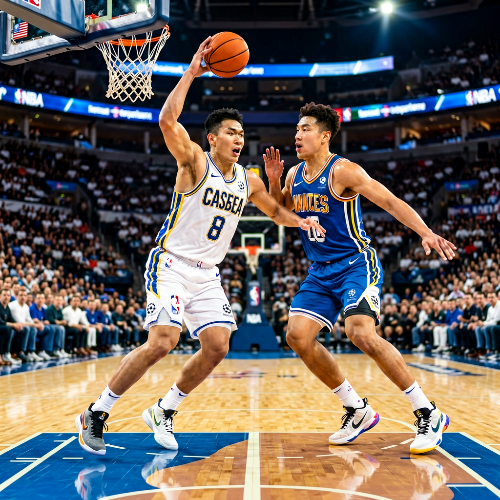 NBA篮球比赛现场，球员激烈对抗，观众席座无虚席