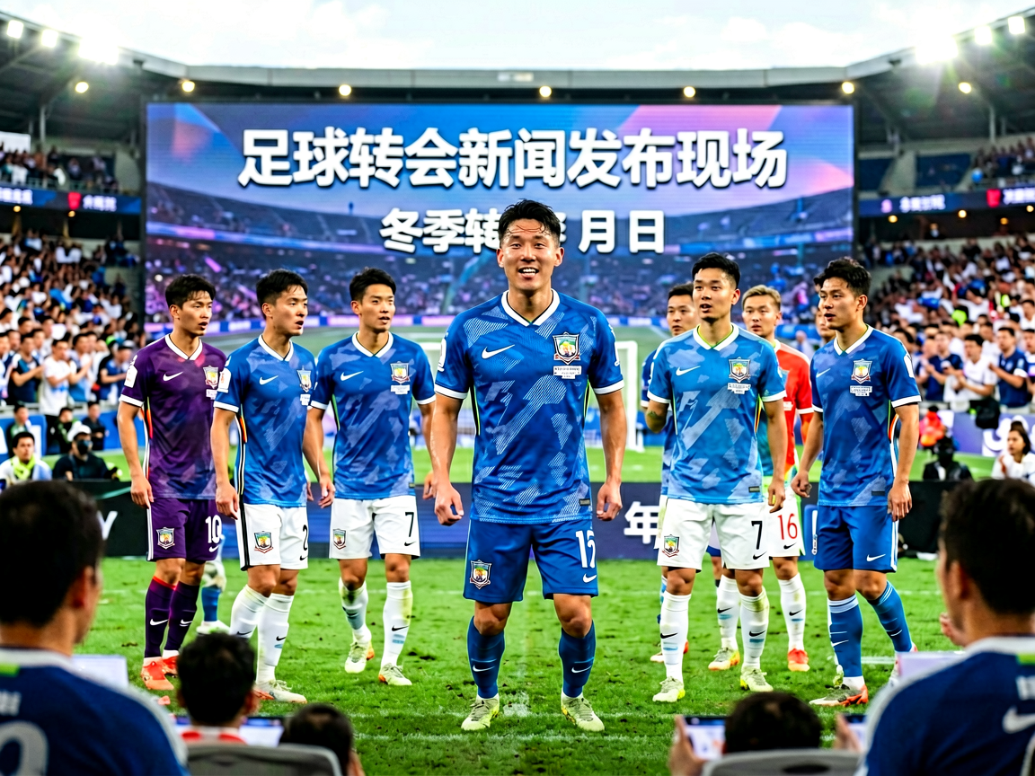 足球转会新闻发布现场，球员身穿新球衣亮相